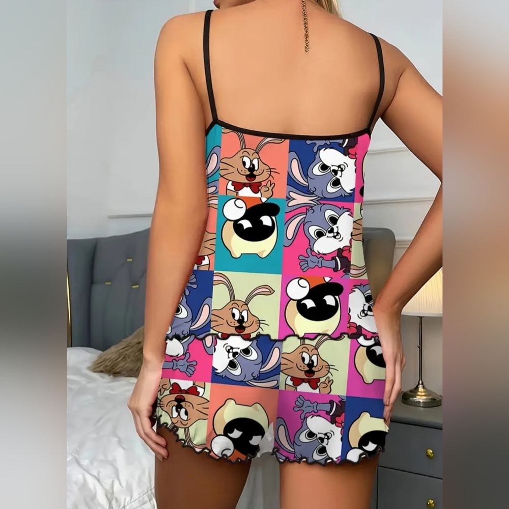 NEW Cartoon Bunny Colorful Character‎ Print Patchwork Pajama Short M Set - Picture 2 of 4